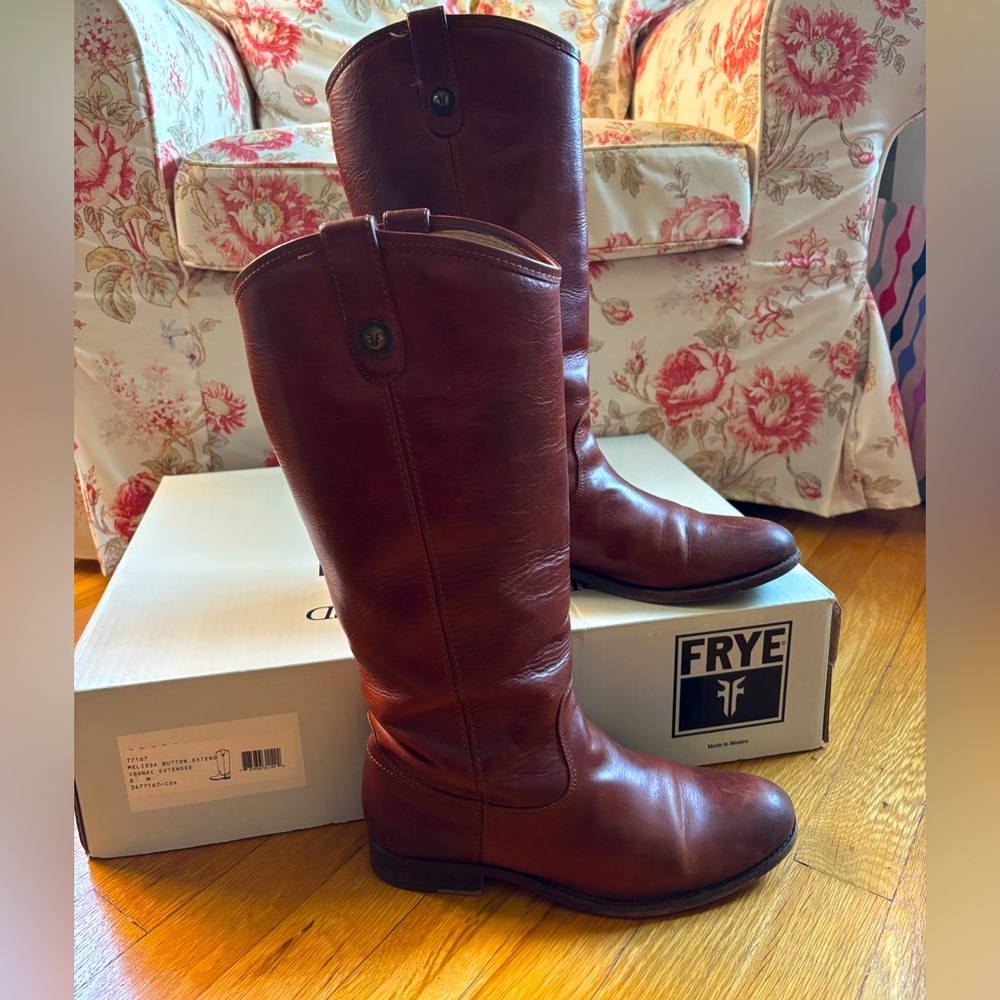 Frye Melissa Button Extended Cognac Leather Tall Boots 8